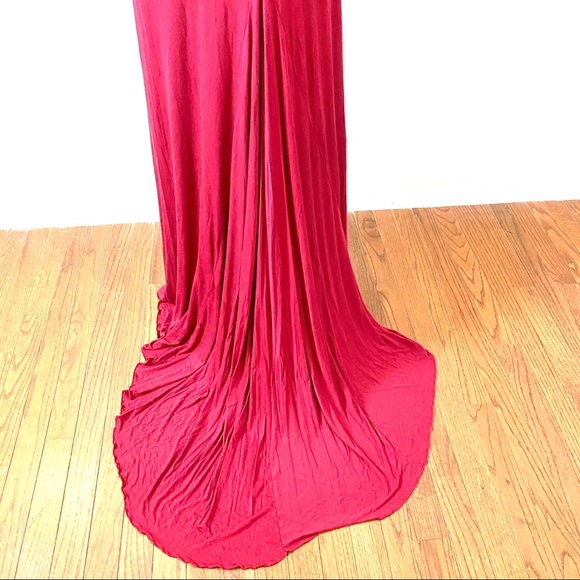 Burgundy Off Shoulder Knit Ruffled Maxi Dress M - Picture 3 of 8